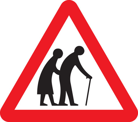 Frail (or blind or disabled if shown) pedestrians likely to cross road ahead