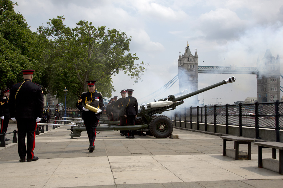 62-gun royal salute from Gun Wharf at the Tower of London