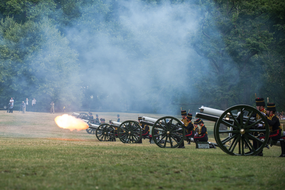Members of The King's Troop Royal Horse Artillery fire a 41-gun salute in Green Park
