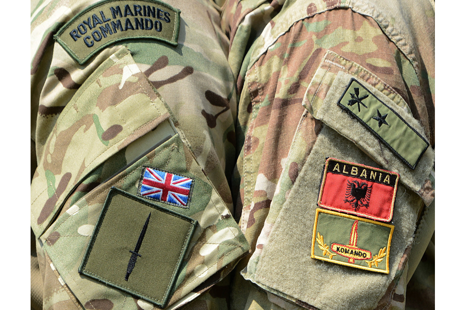 Badges of the Royal Marines and their Albanian counterparts