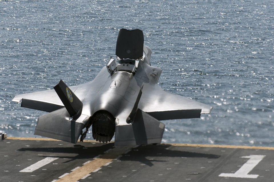 An F-35B Lightning II jet takes off from the USS Wasp