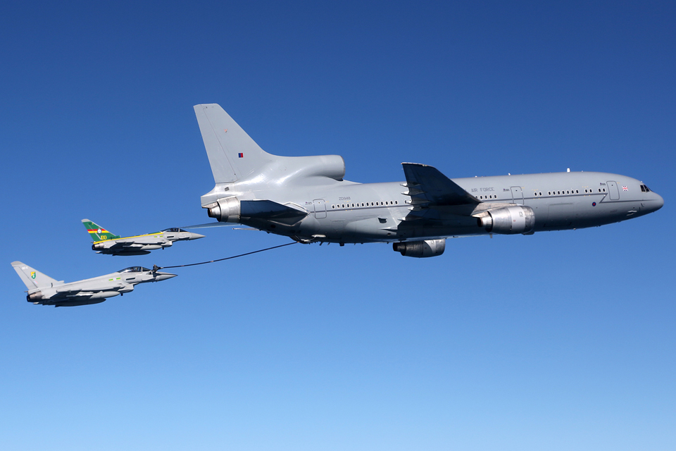 An RAF Typhoon is refuelled by a TriStar over the North Sea 