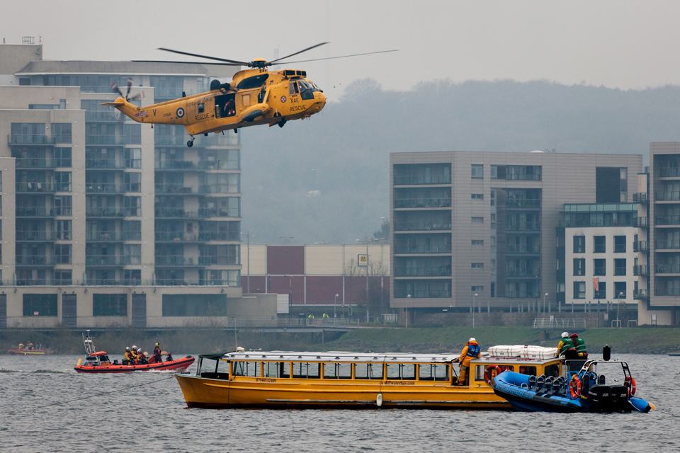 The RAF Sea King hovers over the scene of the incident