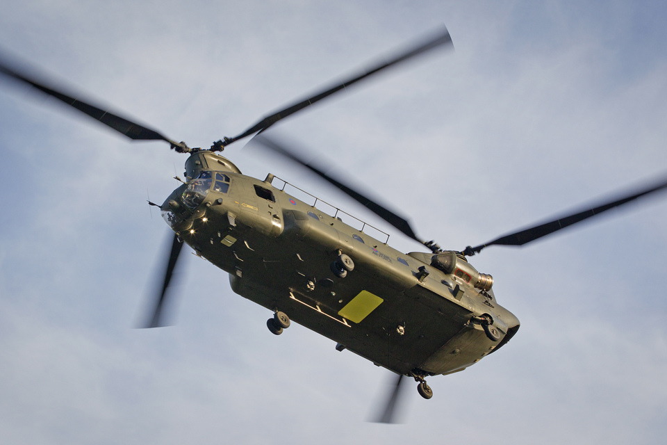 An RAF Mark 6 Chinook helicopter in flight