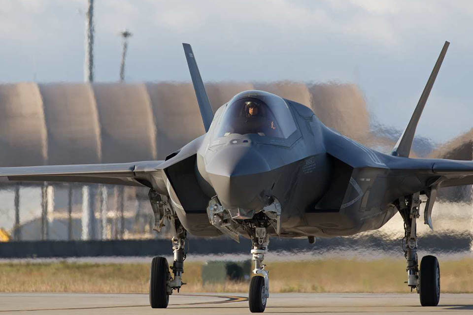A UK F-35B Lightning II taxiing off from Eglin Air Force Base, Florida, USA’. [Picture: Harland Quarrington, Crown copyright]