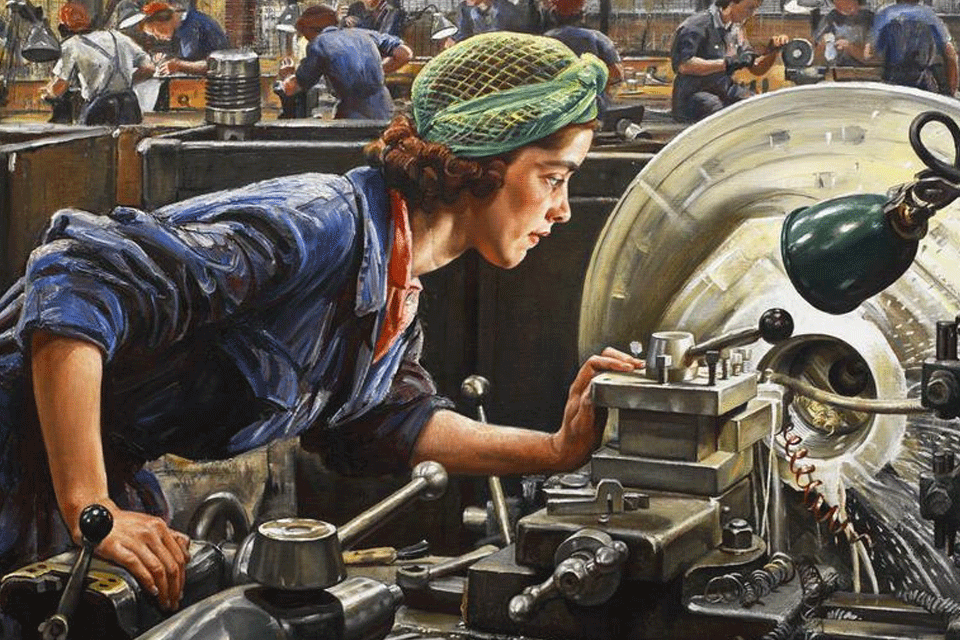 Ruby Loftus, ‘an outstanding factory worker’, screwing a Breech-ring at the Royal Ordinance Factory in Newport. 