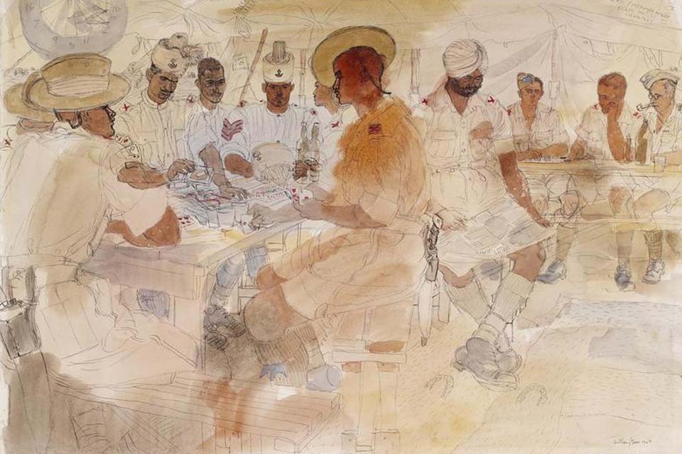 4th Indian Division: a canteen group comprising Gurkhas, Rajputanas, Jats, Sikhs and men of the Essex Regiment, 1943, by Anthony Gross.