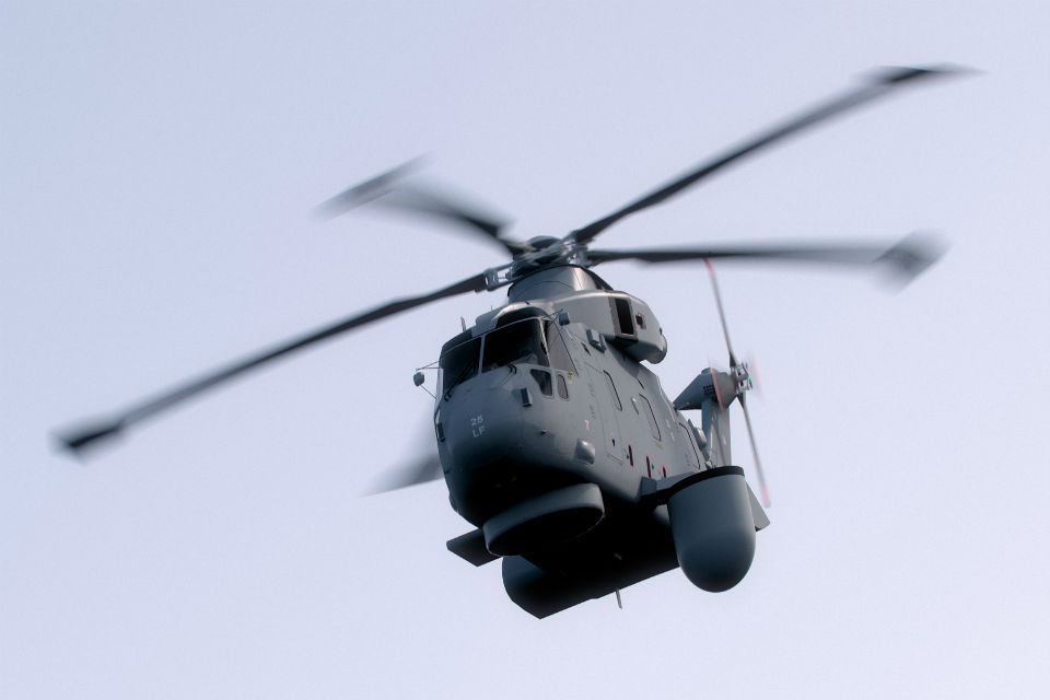 Computer-generated image of a Merlin Mk2 with the Crowsnest surveillance system fitted to the side of the helicopter. The system will provide long range, early detection of potential air and surface threats. (Picture: Copyright Thales)