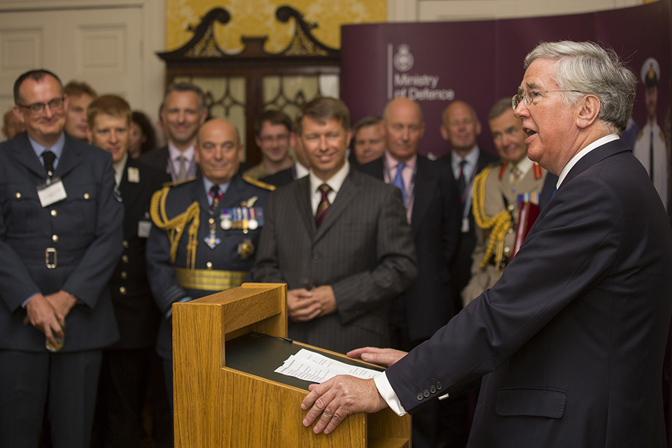 Defence Secretary Michael Fallon addresses Reservists, employers, family and friends at a reception at Admiralty House