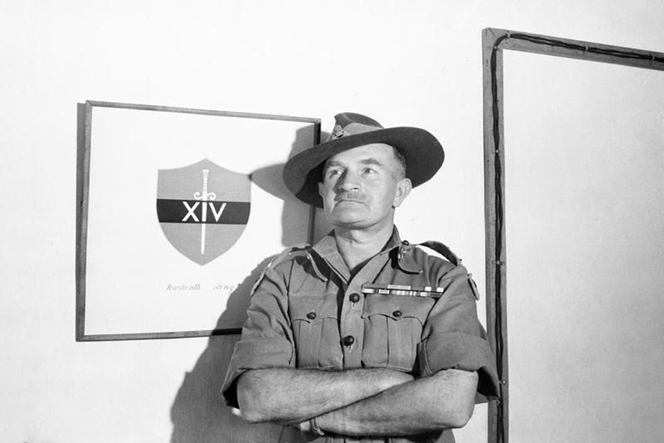 Lieutenant General William ‘Bill’ Slim and the Fourteenth Army's insignia