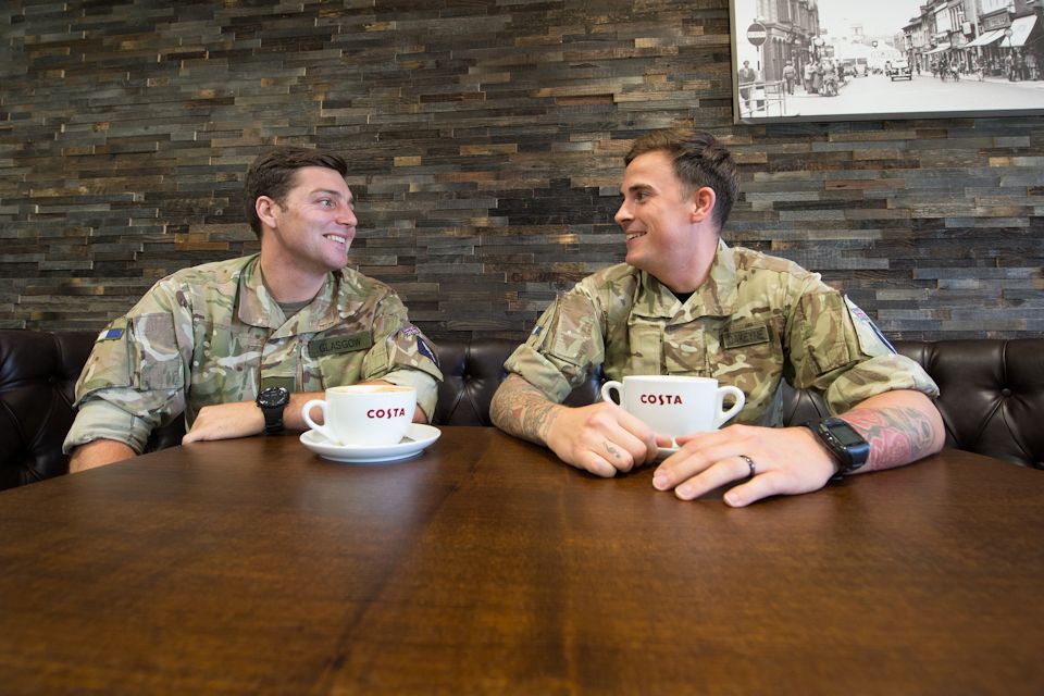 Corporal Glasgow and Lance Corporal Dakeyne share a joke at the newly opened coffee shop at MOD Stafford. Photo credit: Cpl Max Bryan, Crown Copyright MOD 2015.