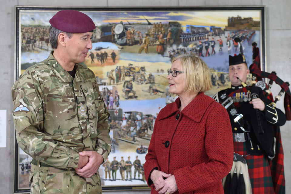 Lt Gen James Bashall CBE, Commander Personnel and Support Command, unveiled the painting with the Scottish Parliament’s Presiding Officer, the Rt Hon Tricia Marwick MSP.