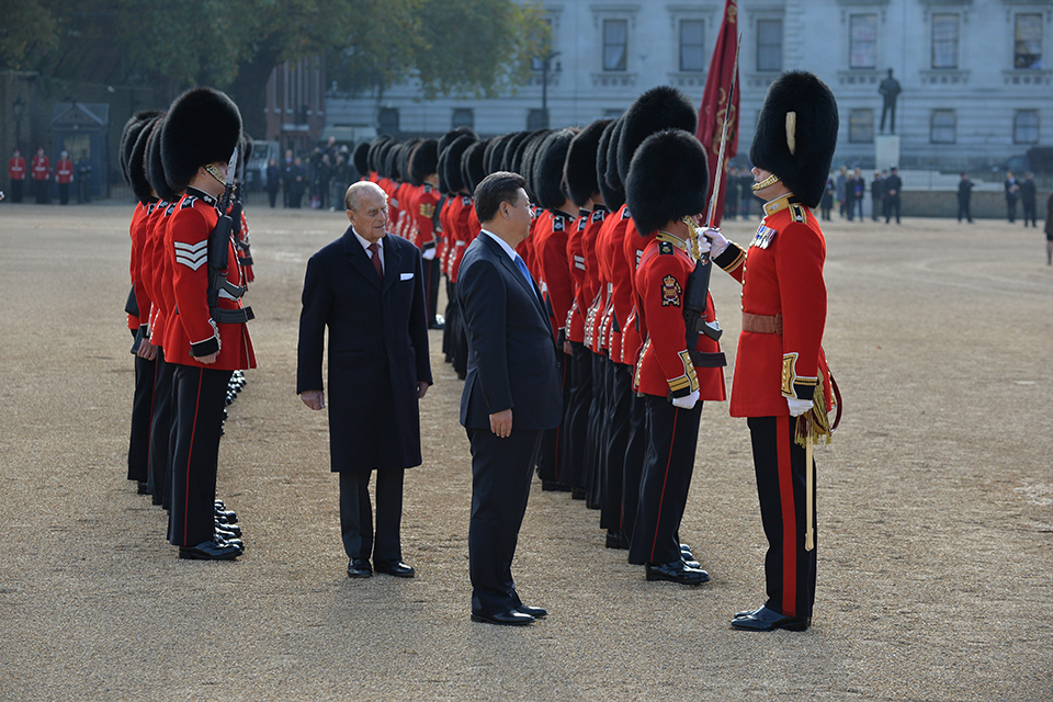The President of the People's Republic of China inspects the Guard of Honour at Horse Guards Parade, along with His Royal Highness The Duke of Edinburgh