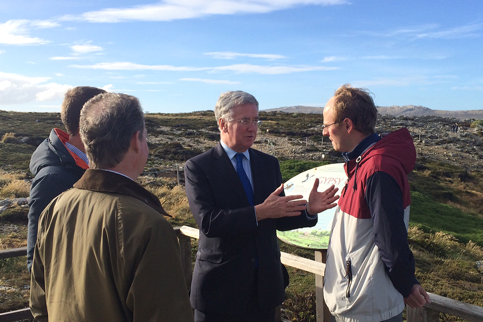 Defence Secretary Michael Fallon has visited the Falkland Islands to discuss new opportunities for the Islands and to pay his respects to those who fell in the 1982 conflict. Crown Copyright. 
