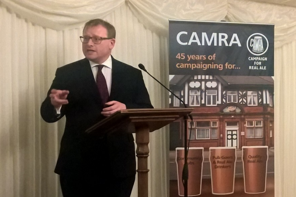 Community Pubs Minister Marcus Jones speaking at the Campaign For Real Ale Parliamentary reception