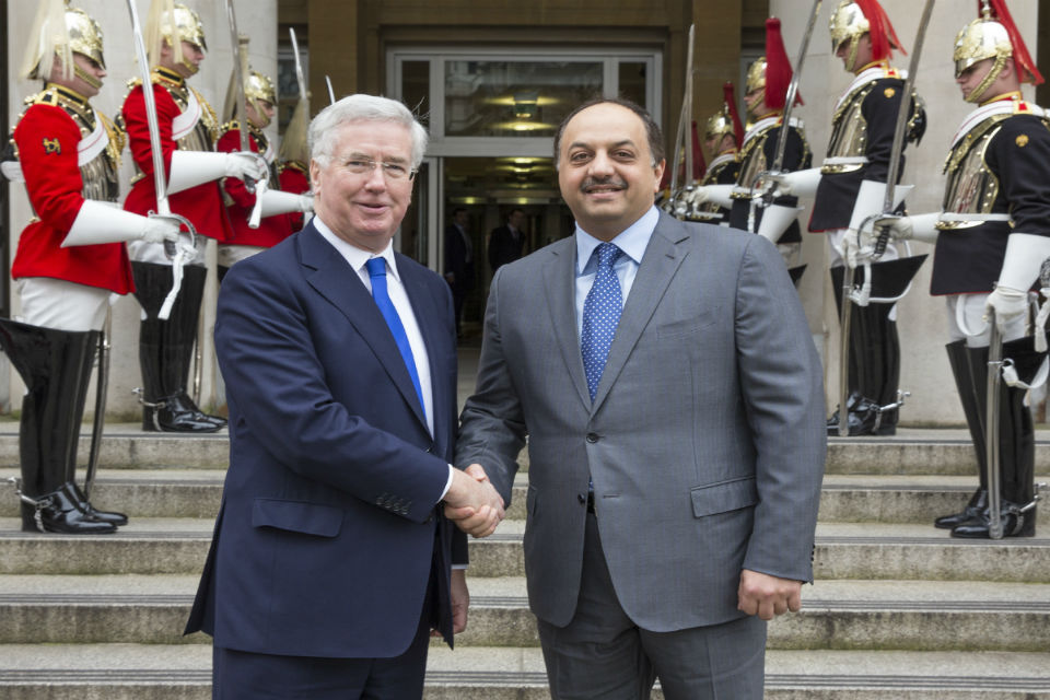 Defence Secretary Michael Fallon with Qatari Defence Minister, His Excellency Dr. Khalid bin Mohammed Al Attiyah during his visit to London to sign the DCA. Picture: Crown Copyright.