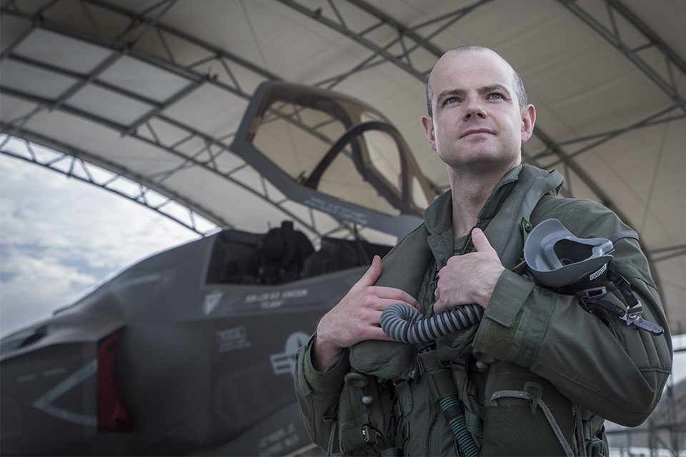 The 2016 Officer Commanding 617 Squadron, Wing Commander John Butcher, with an F-35B Lightning at United States Marine Corps Air Station Beaufort, South Carolina.