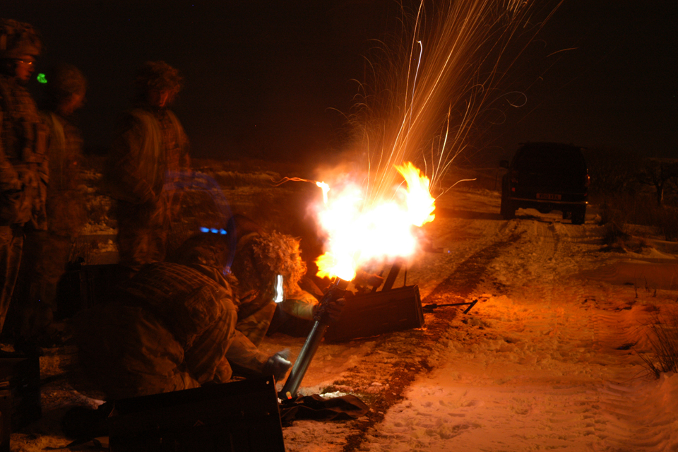 Soldiers firing mortars at night