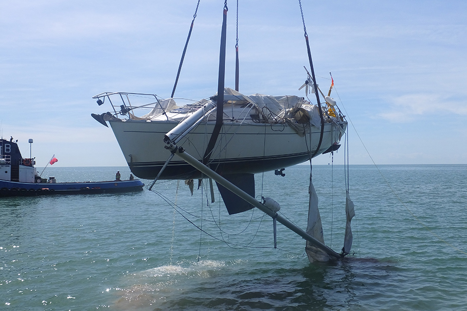 Yacht Orca being recovered after sustaining catastrophic damage as a result of the collision with dredger Shoreway
