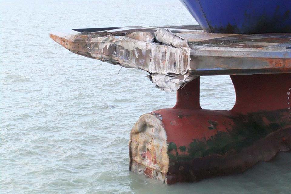 Photograph showing damage to Dover Seaway's bulbous bow and "cow-catcher".